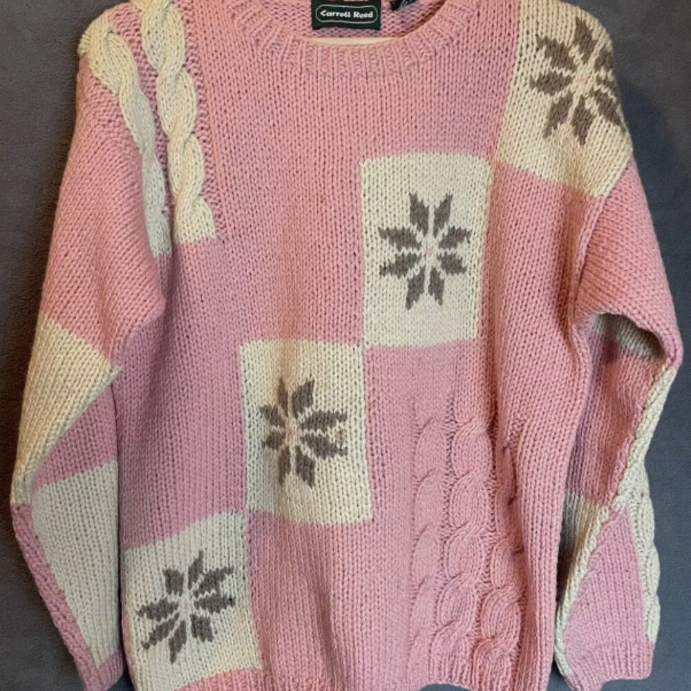 VINTAGE Carol Reed, 100% wool SHETLAND ski sweater , mauve, gray & ivory - Sz S